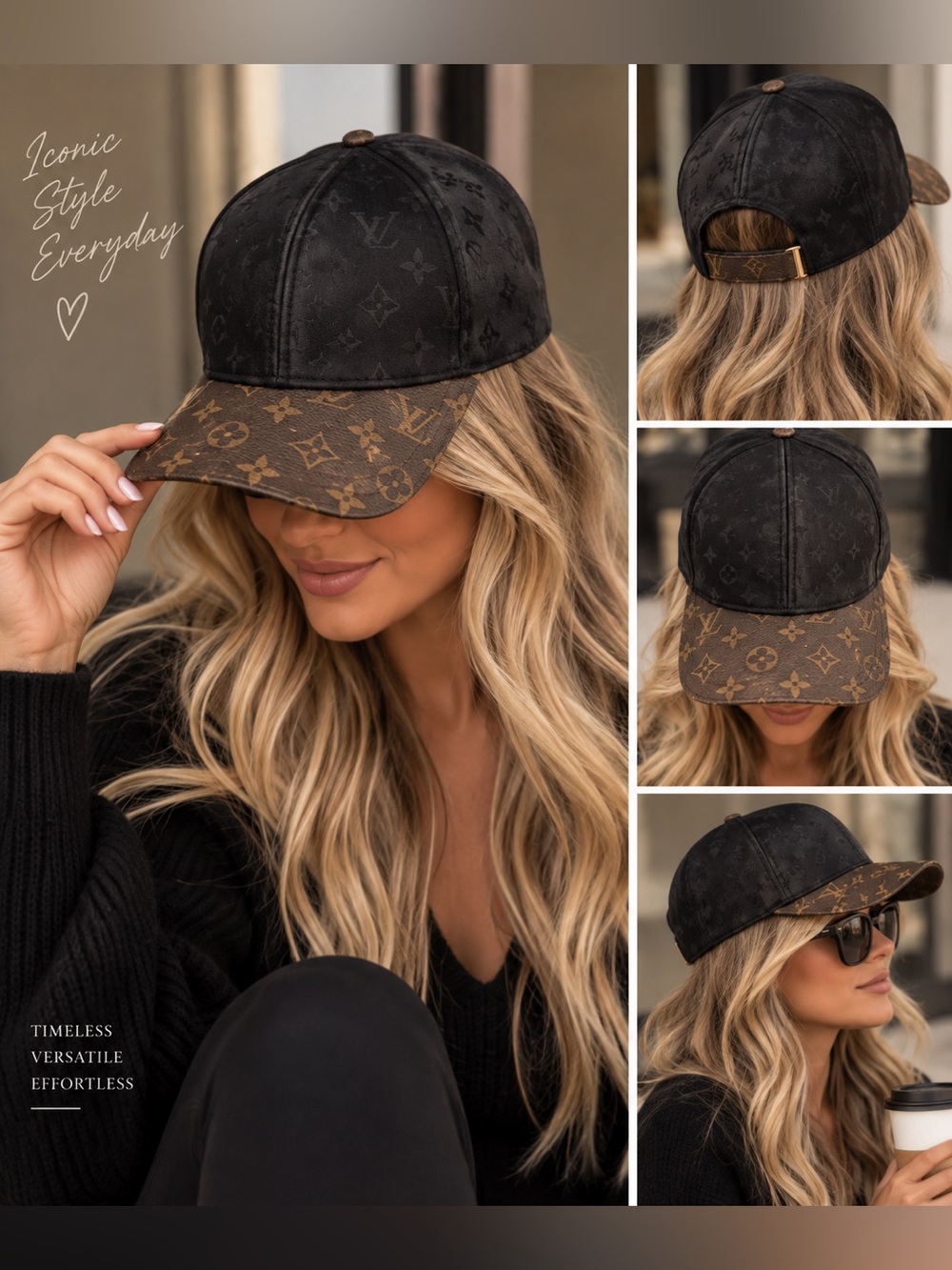 Source Unknown Black Crown with Brown Monogram Baseball Cap